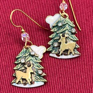 Christmas Earrings Green & White Enamel, Gold-Tone Reindeer w/Crystal Accents